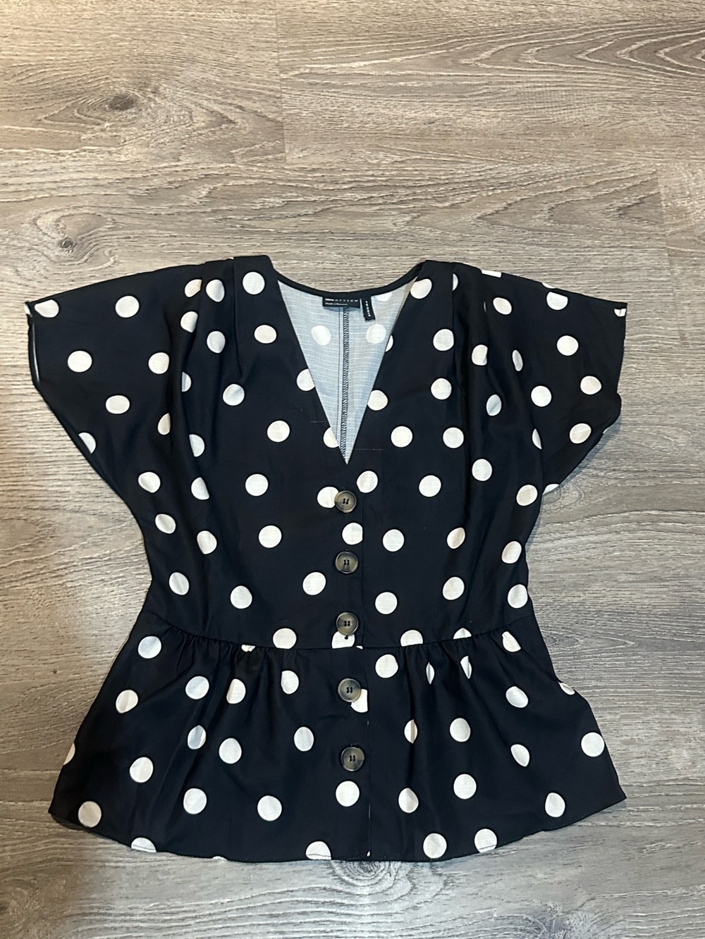 ASOS DESIGN Black White Polka Dot Peplum Button Front V-Neck Top Size US 4